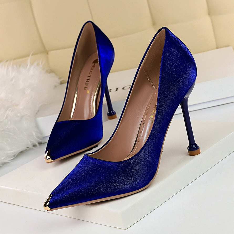 1823-1 European and American Style Fashion Party Women's Shoes Thin Heel High Heel Satin Shallow Mouth Metal Pointed Toe Sexy Slimming Single Shoes