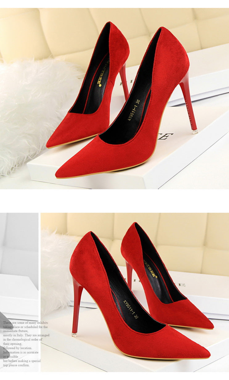 9511-1 European and American Style Fashion Simple Stylet Ultra High Heel Shallow Pointed Toe Suede Slim Sexy Nightclub Women's Shoes