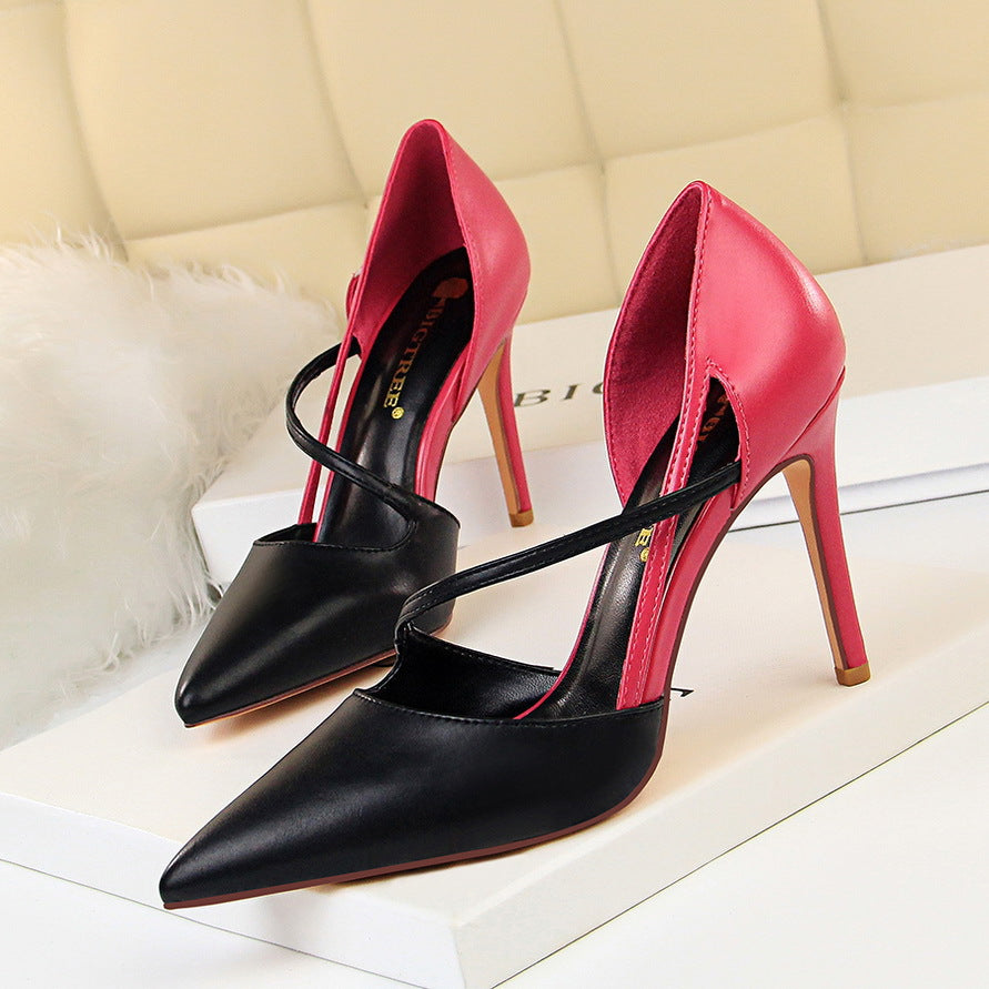 830-2 Korean Style Fashion Sweet High Heels Women's High Heel Shallow Mouth Pointed Toe Color Block Hollow Strap Slimming Single Shoes