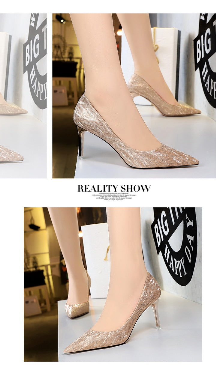 1829-A1 European and American Style Fashion Sexy Party High Heels Women's Shoes Thin Heel High Heel Shallow Mouth Pointed Toe Sequin Single Shoes