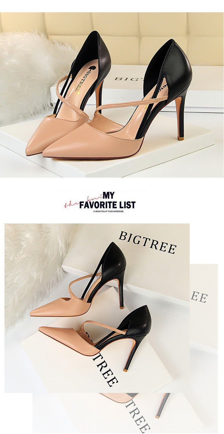 830-2 Korean Style Fashion Sweet High Heels Women's High Heel Shallow Mouth Pointed Toe Color Block Hollow Strap Slimming Single Shoes