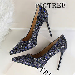 9219-1 European and American Style Women's Shoes High Heel Low-Cut Pointed Toe Sparkle Sequins Sexy Slimming Nightclub High Heels Pumps