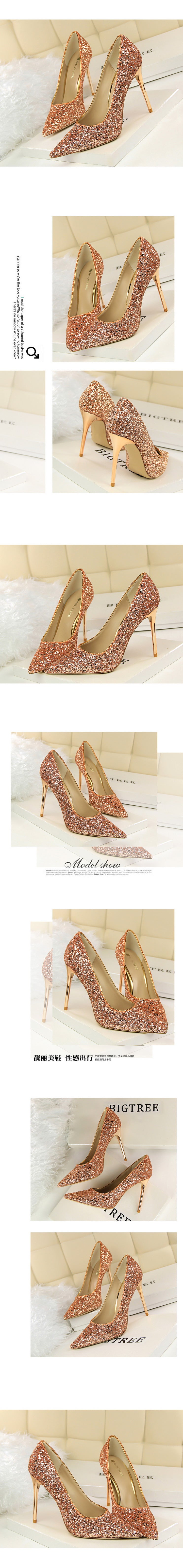 9219-1 European and American Style Women's Shoes High Heel Low-Cut Pointed Toe Sparkle Sequins Sexy Slimming Nightclub High Heels Pumps