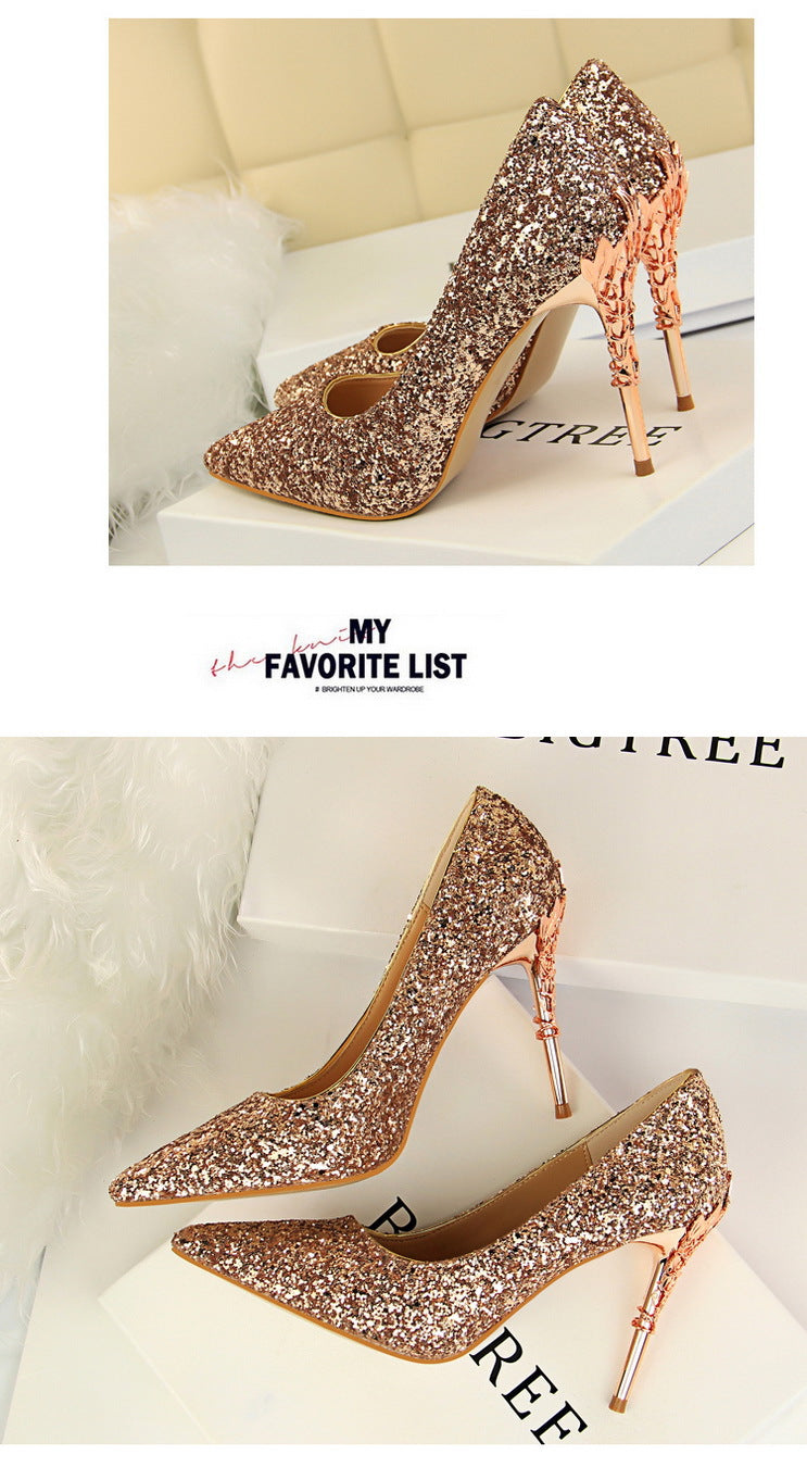 9219-12 European and American Style Fashion Sexy Nightclub Women's Shoes Metal Heel Stiletto High Heel Shallow Pointed Toe Sequin Pumps