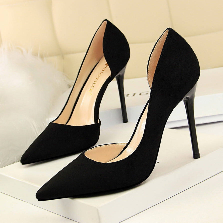 8918-2 European and American Style Simple Stiletto Ultra High Heel Suede Shallow Pointed Toe Sexy Nightclub Slimming Side Hollow Single Shoes