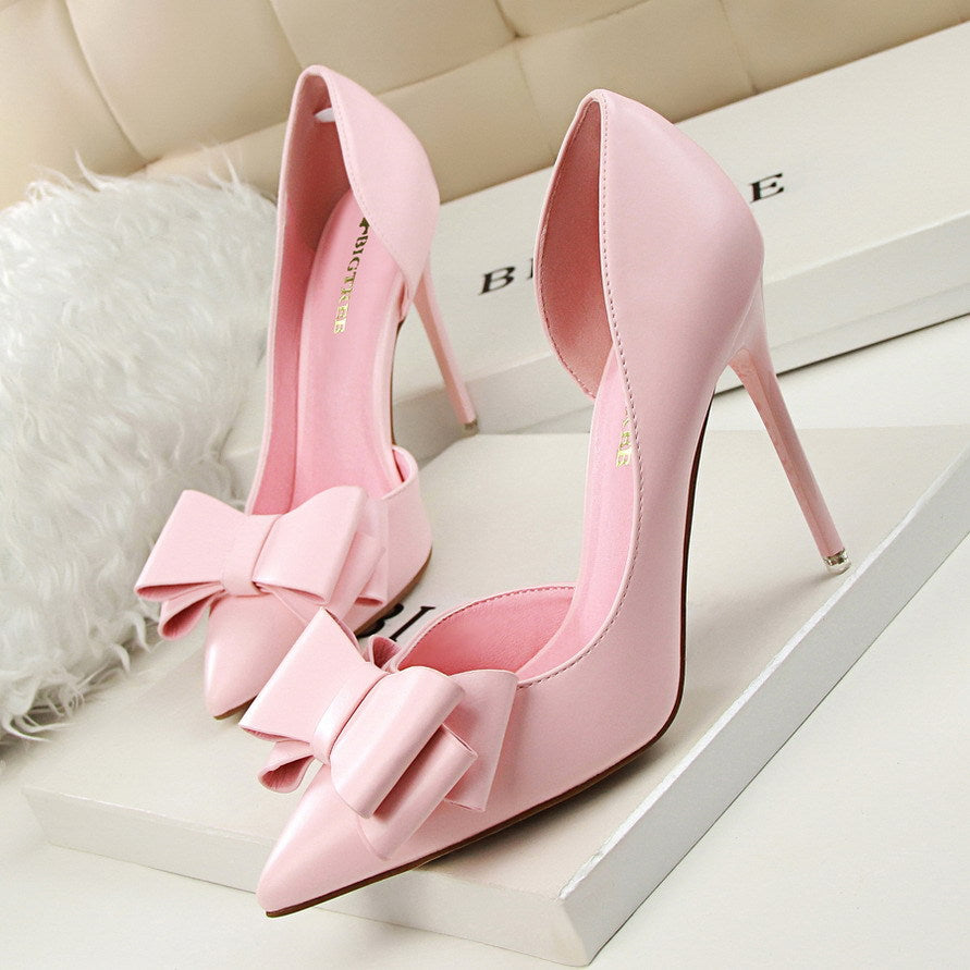 3168-2 Korean Style Fashionable Sweet Bowknot High Heels Stiletto Heel Shallow Mouth Pointed Toe Side Hollow out Pumps