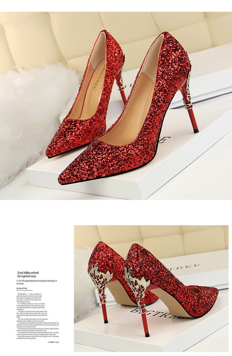 9219-12 European and American Style Fashion Sexy Nightclub Women's Shoes Metal Heel Stiletto High Heel Shallow Pointed Toe Sequin Pumps