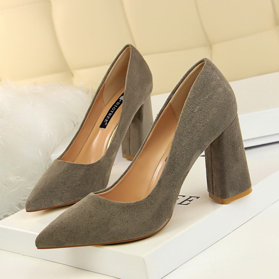 828-2 European and American Style Simple Chunky Heel High Heel Suede Shallow Pointed Toe Professional OL Slimming Women's Shoes High Heels Single Shoes