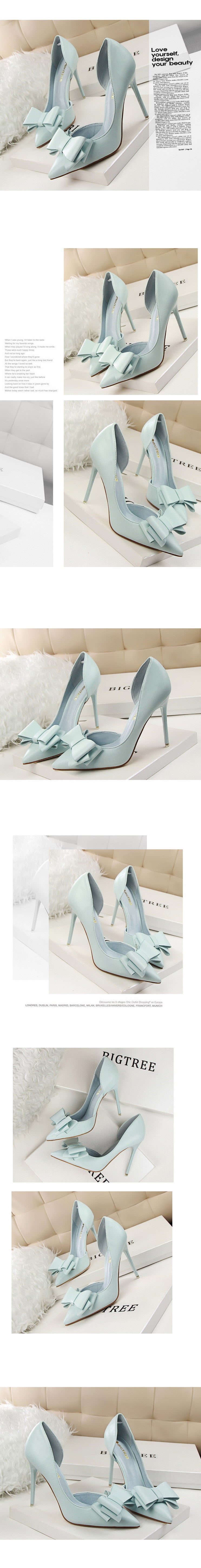 3168-2 Korean Style Fashionable Sweet Bowknot High Heels Stiletto Heel Shallow Mouth Pointed Toe Side Hollow out Pumps