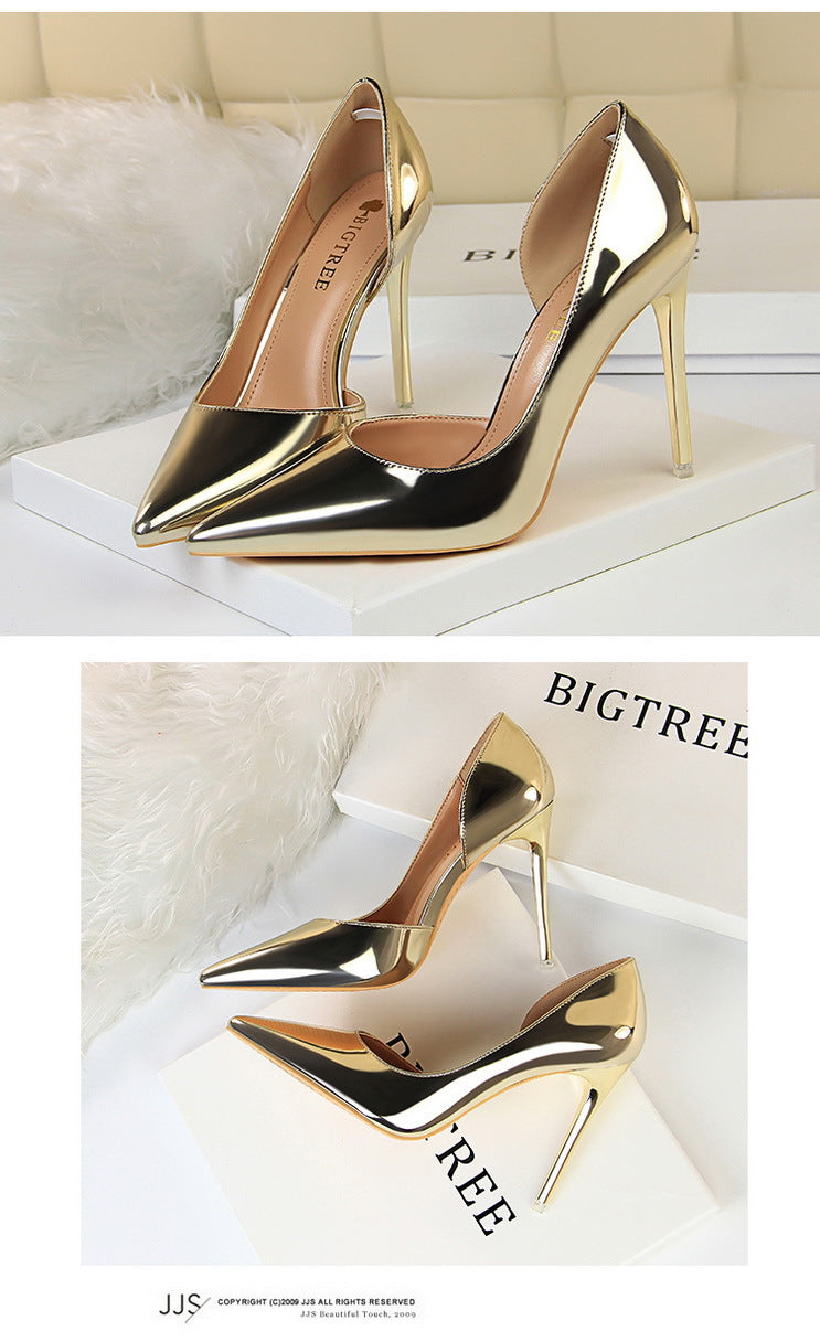 18188-1 European and American Style High Heels Simple Thin Heel Metal Very High Very Shallow Mouth Pointed Toe Side Hollow Sexy Single Shoes