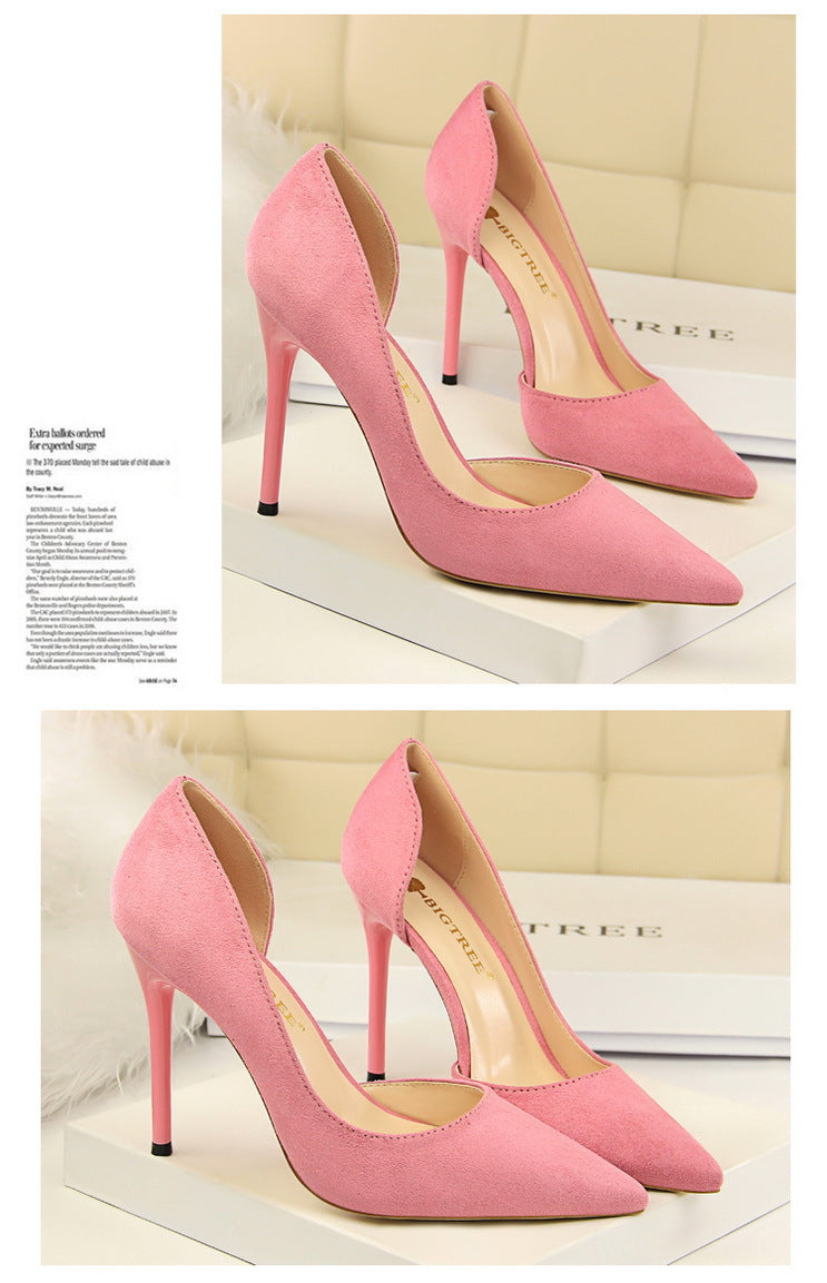 8918-2 European and American Style Simple Stiletto Ultra High Heel Suede Shallow Pointed Toe Sexy Nightclub Slimming Side Hollow Single Shoes