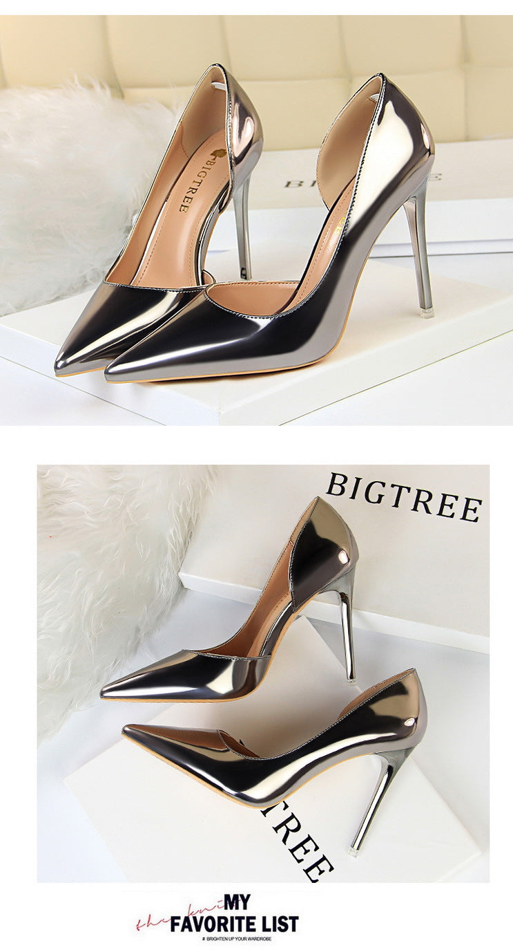 18188-1 European and American Style High Heels Simple Thin Heel Metal Very High Very Shallow Mouth Pointed Toe Side Hollow Sexy Single Shoes