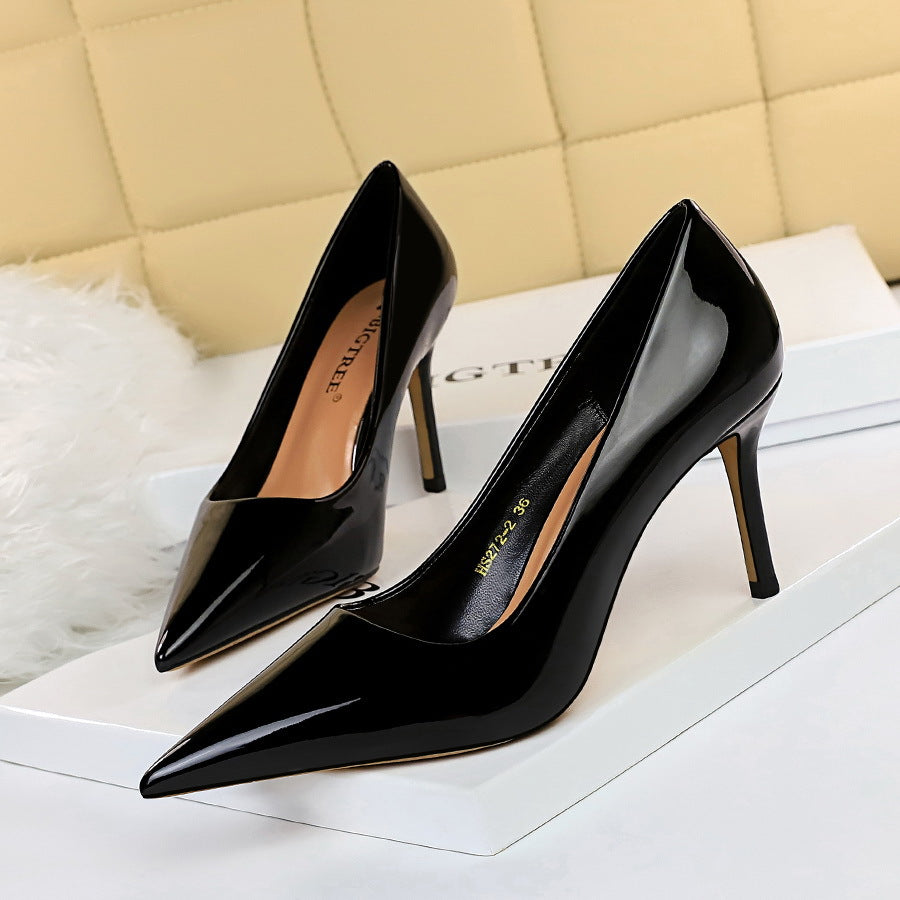 272-2 European and American Simple High Heels Shiny Patent Leather Shallow Pointed Toe Sexy Slimming Professional OL High Heels Women's Single Shoes