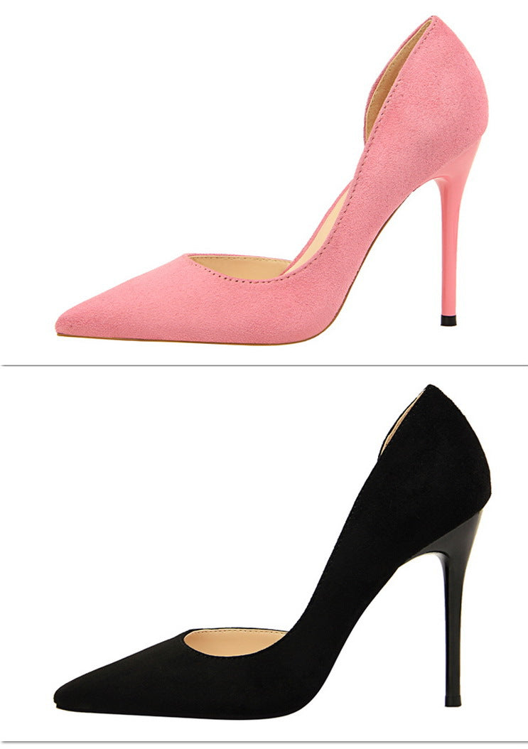 8918-2 European and American Style Simple Stiletto Ultra High Heel Suede Shallow Pointed Toe Sexy Nightclub Slimming Side Hollow Single Shoes