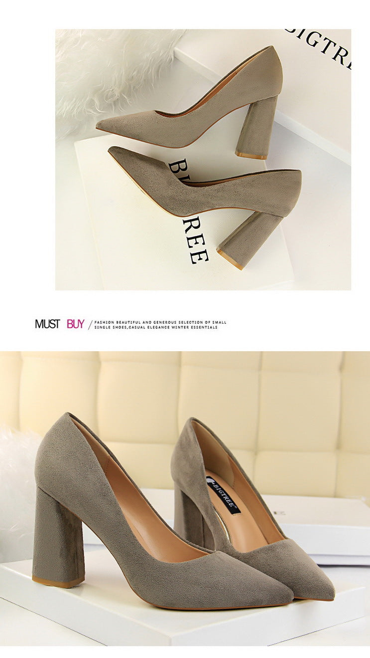 828-2 European and American Style Simple Chunky Heel High Heel Suede Shallow Pointed Toe Professional OL Slimming Women's Shoes High Heels Single Shoes