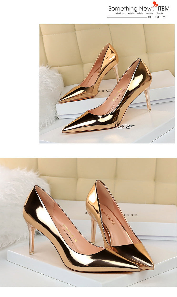 9511-A7 European and American Fashion Sexy Metal Heel High Heel Shallow Pointed Toe Nightclub Slimming High Heels Women's Shoes Single Shoes