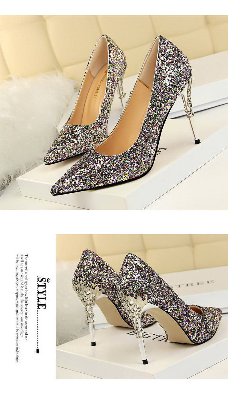 9219-12 European and American Style Fashion Sexy Nightclub Women's Shoes Metal Heel Stiletto High Heel Shallow Pointed Toe Sequin Pumps