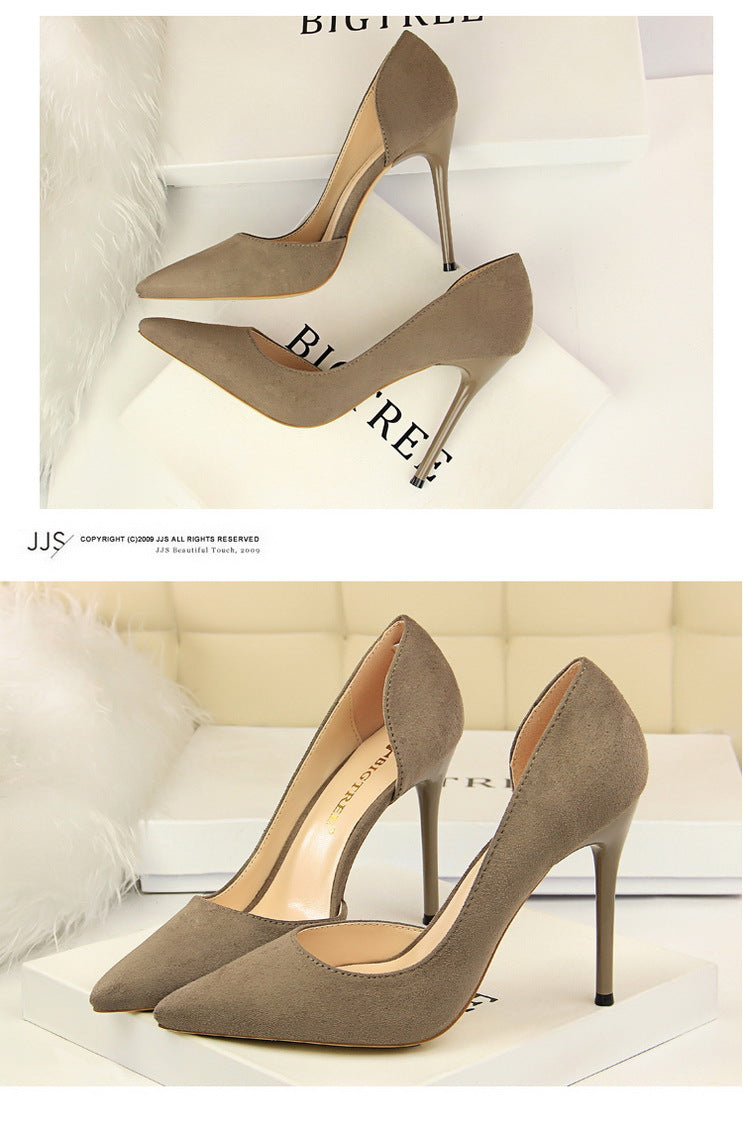 8918-2 European and American Style Simple Stiletto Ultra High Heel Suede Shallow Pointed Toe Sexy Nightclub Slimming Side Hollow Single Shoes