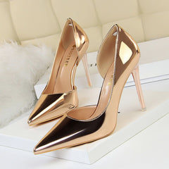 18188-1 European and American Style High Heels Simple Thin Heel Metal Very High Very Shallow Mouth Pointed Toe Side Hollow Sexy Single Shoes