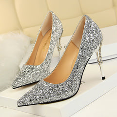 9219-12 European and American Style Fashion Sexy Nightclub Women's Shoes Metal Heel Stiletto High Heel Shallow Pointed Toe Sequin Pumps