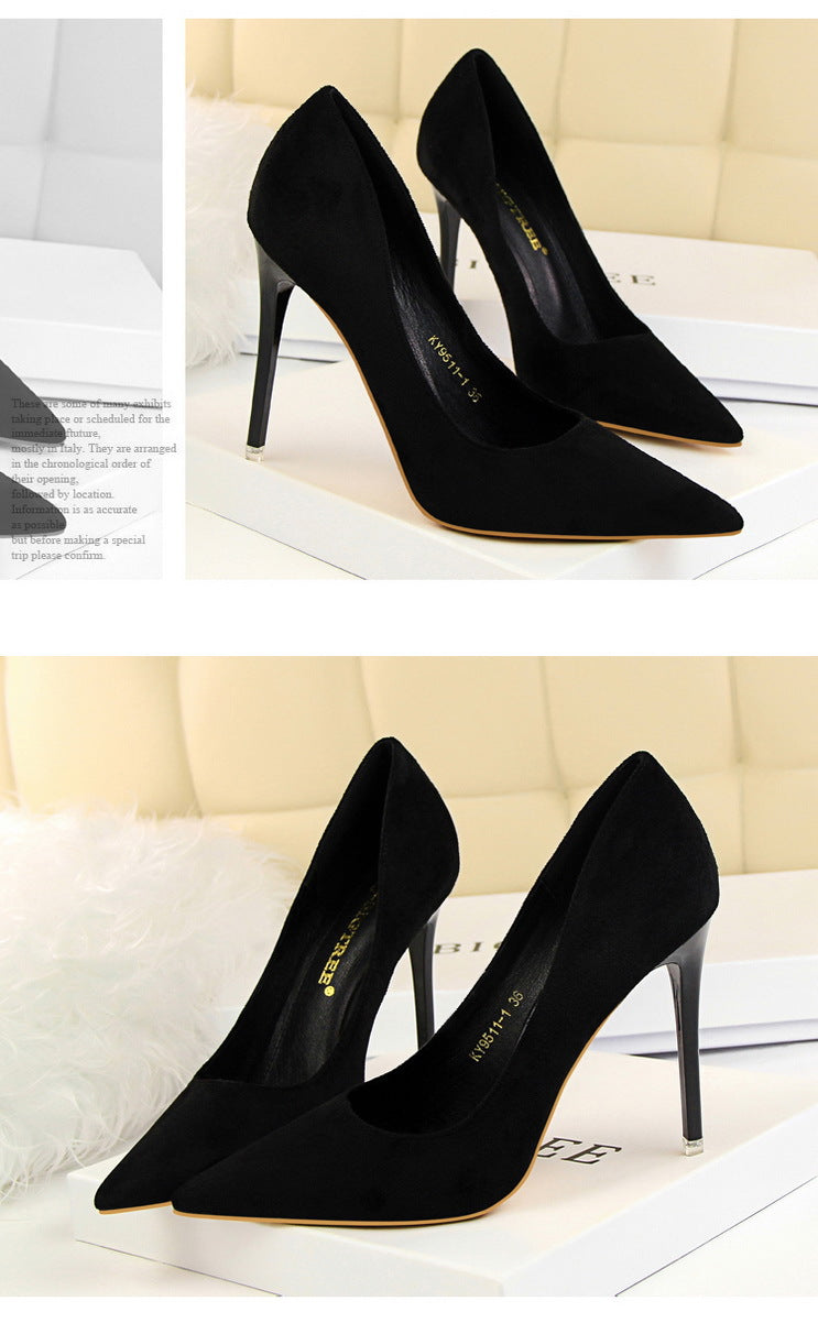 9511-1 European and American Style Fashion Simple Stylet Ultra High Heel Shallow Pointed Toe Suede Slim Sexy Nightclub Women's Shoes