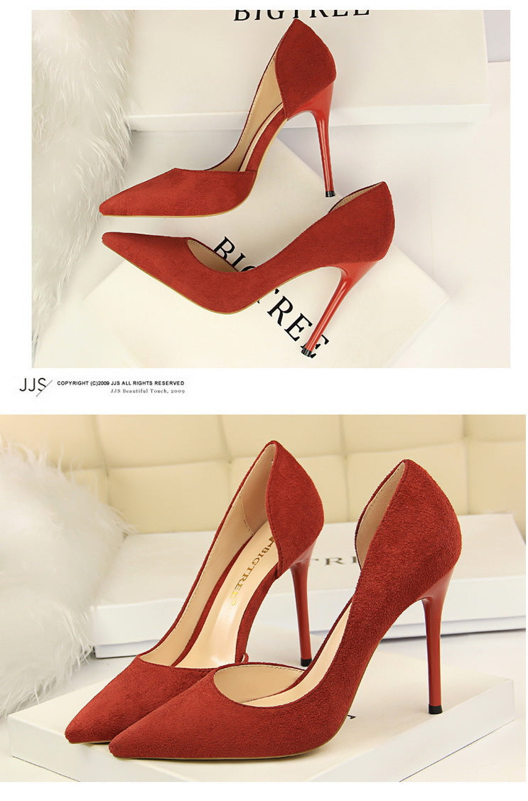 8918-2 European and American Style Simple Stiletto Ultra High Heel Suede Shallow Pointed Toe Sexy Nightclub Slimming Side Hollow Single Shoes