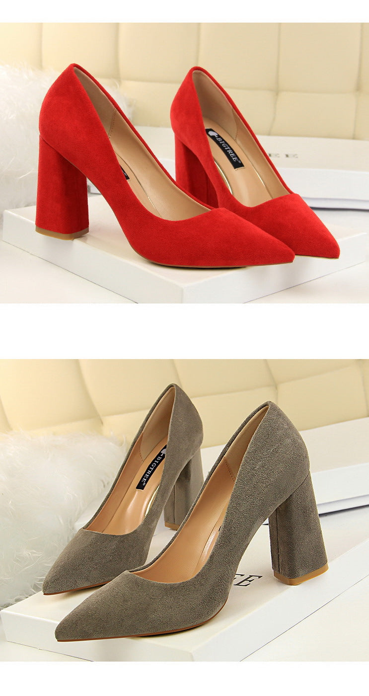 828-2 European and American Style Simple Chunky Heel High Heel Suede Shallow Pointed Toe Professional OL Slimming Women's Shoes High Heels Single Shoes