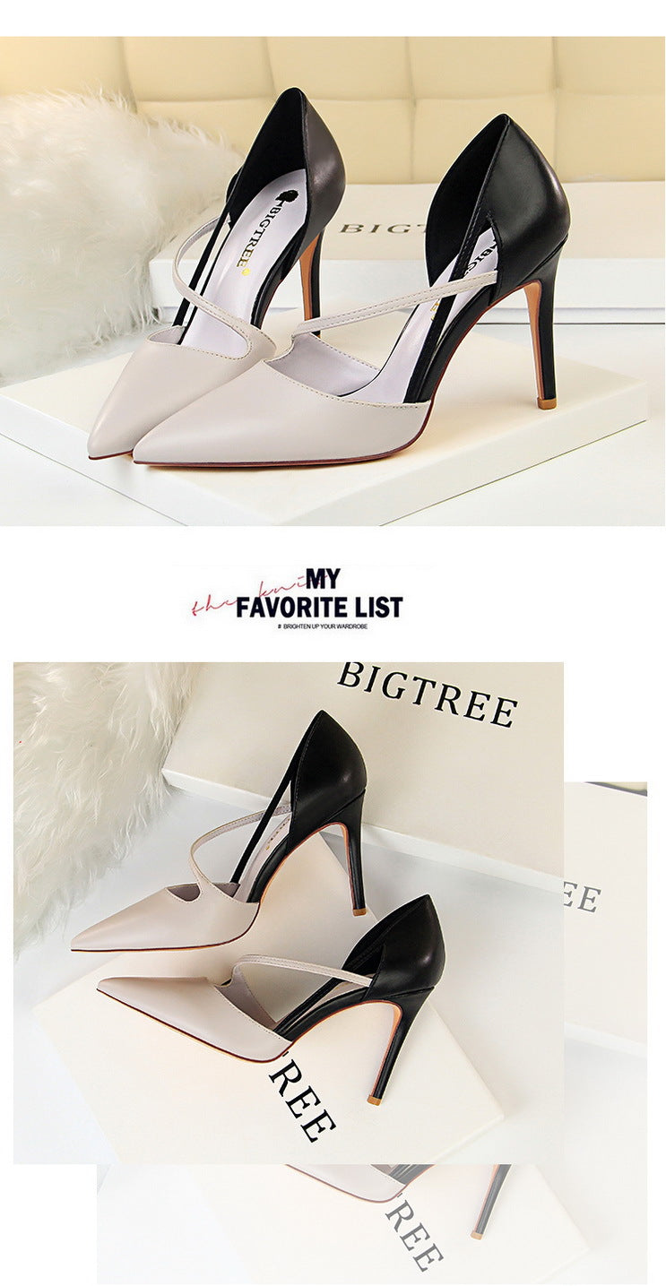 830-2 Korean Style Fashion Sweet High Heels Women's High Heel Shallow Mouth Pointed Toe Color Block Hollow Strap Slimming Single Shoes