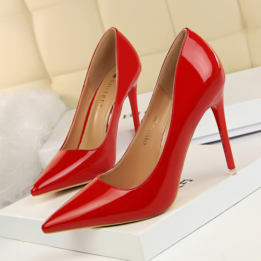 9511-6 European and American Style Fashion Simple Stiletto Ultra High Heel Patent Leather Shallow Pointed Toe Sexy Nightclub Slimming Women's Single Shoes