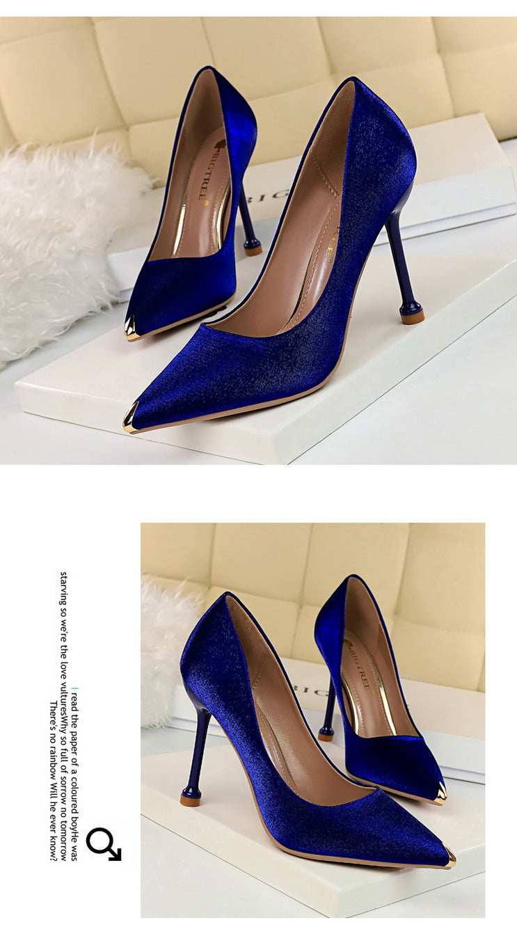 1823-1 European and American Style Fashion Party Women's Shoes Thin Heel High Heel Satin Shallow Mouth Metal Pointed Toe Sexy Slimming Single Shoes