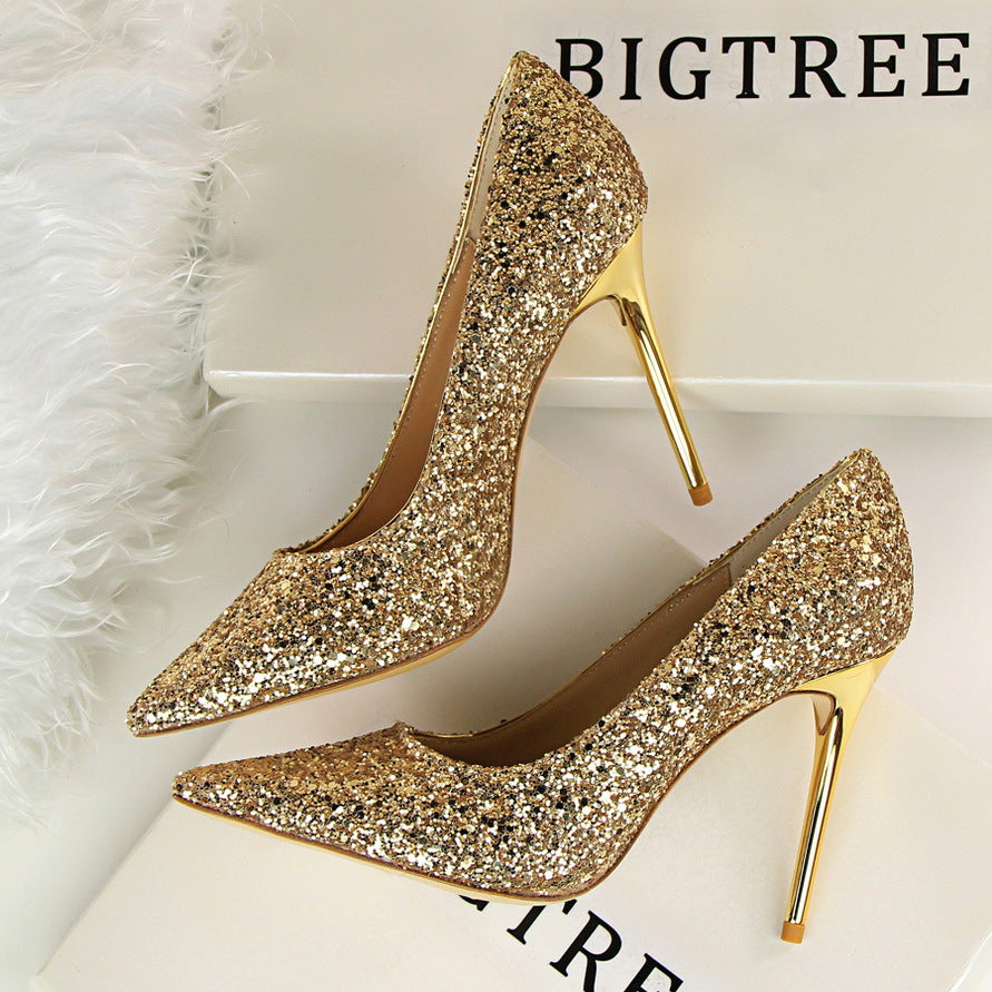 9219-1 European and American Style Women's Shoes High Heel Low-Cut Pointed Toe Sparkle Sequins Sexy Slimming Nightclub High Heels Pumps