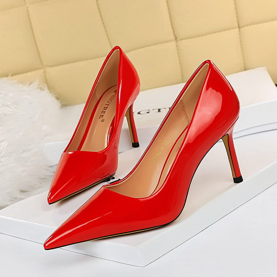 272-2 European and American Simple High Heels Shiny Patent Leather Shallow Pointed Toe Sexy Slimming Professional OL High Heels Women's Single Shoes