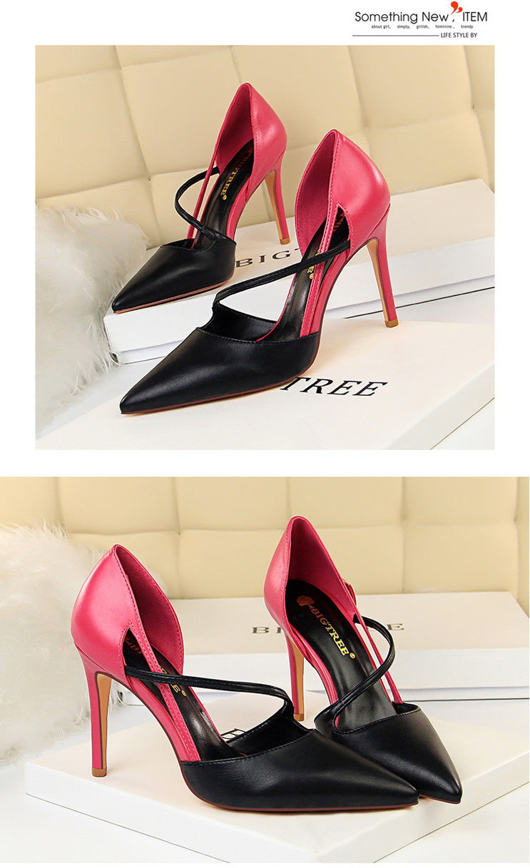 830-2 Korean Style Fashion Sweet High Heels Women's High Heel Shallow Mouth Pointed Toe Color Block Hollow Strap Slimming Single Shoes