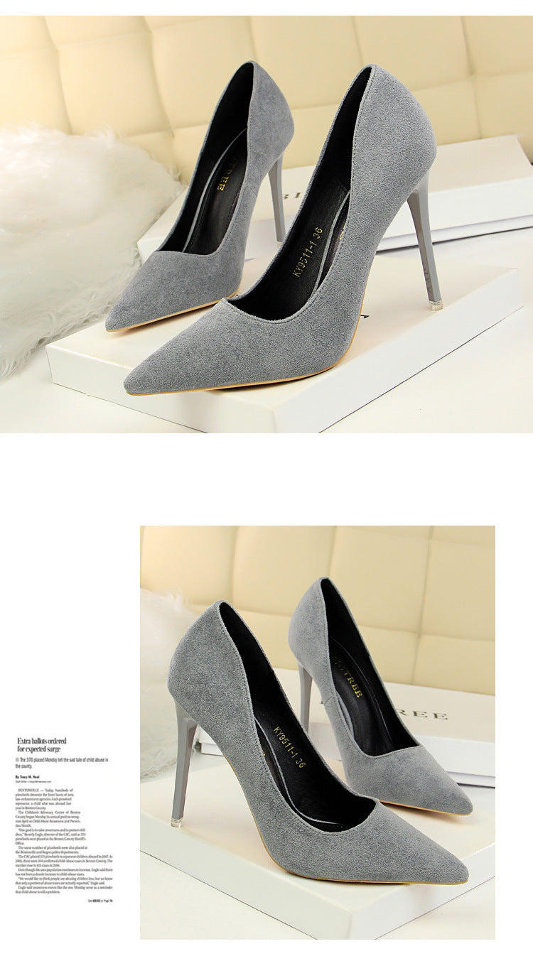 9511-1 European and American Style Fashion Simple Stylet Ultra High Heel Shallow Pointed Toe Suede Slim Sexy Nightclub Women's Shoes