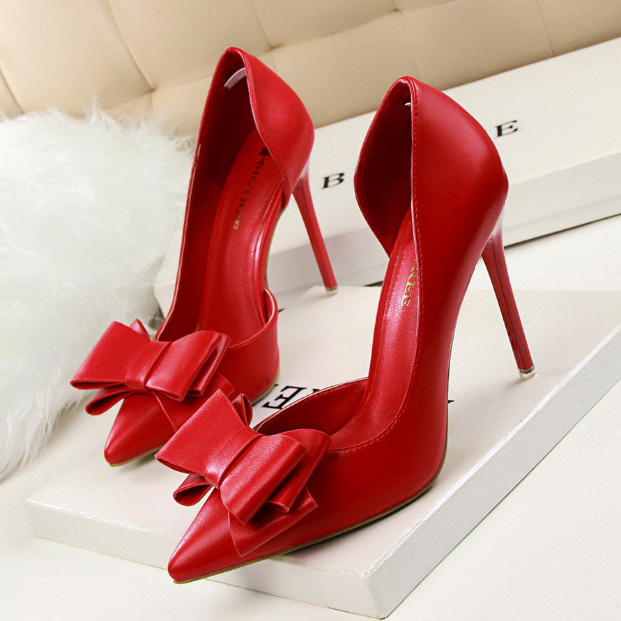 3168-2 Korean Style Fashionable Sweet Bowknot High Heels Stiletto Heel Shallow Mouth Pointed Toe Side Hollow out Pumps