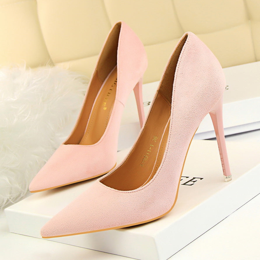 9511-1 European and American Style Fashion Simple Stylet Ultra High Heel Shallow Pointed Toe Suede Slim Sexy Nightclub Women's Shoes