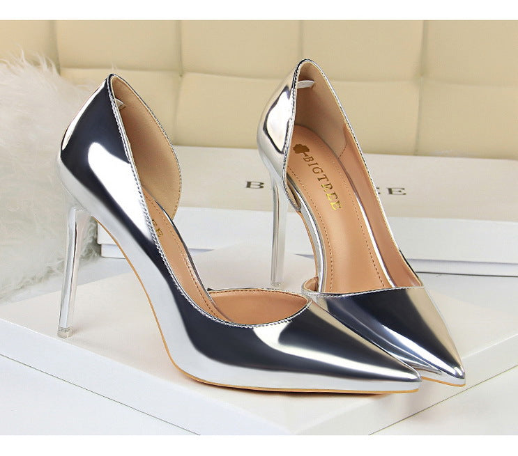 18188-1 European and American Style High Heels Simple Thin Heel Metal Very High Very Shallow Mouth Pointed Toe Side Hollow Sexy Single Shoes