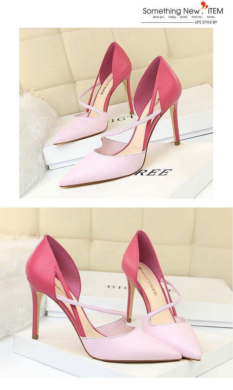 830-2 Korean Style Fashion Sweet High Heels Women's High Heel Shallow Mouth Pointed Toe Color Block Hollow Strap Slimming Single Shoes