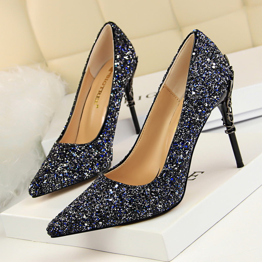 9219-12 European and American Style Fashion Sexy Nightclub Women's Shoes Metal Heel Stiletto High Heel Shallow Pointed Toe Sequin Pumps