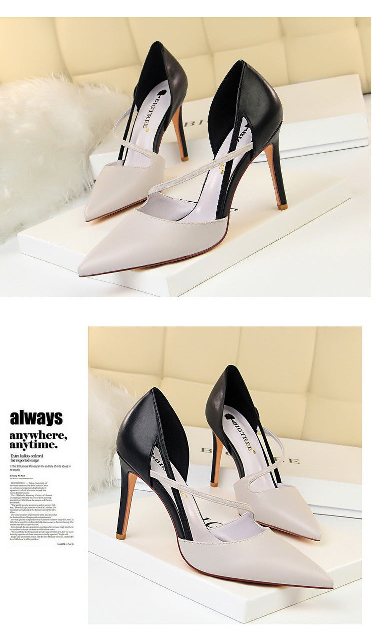 830-2 Korean Style Fashion Sweet High Heels Women's High Heel Shallow Mouth Pointed Toe Color Block Hollow Strap Slimming Single Shoes