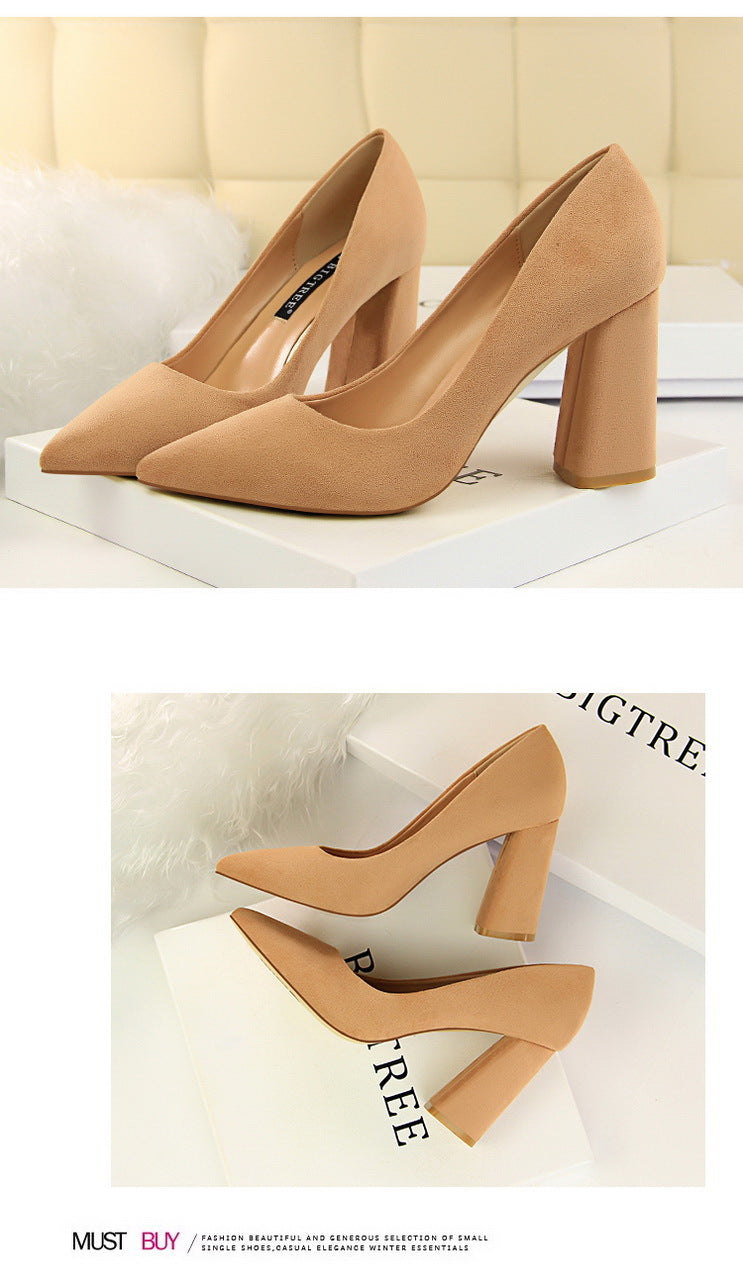 828-2 European and American Style Simple Chunky Heel High Heel Suede Shallow Pointed Toe Professional OL Slimming Women's Shoes High Heels Single Shoes