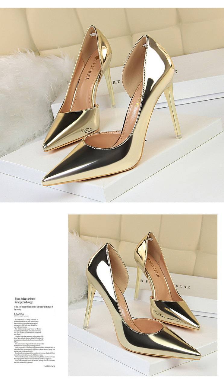 18188-1 European and American Style High Heels Simple Thin Heel Metal Very High Very Shallow Mouth Pointed Toe Side Hollow Sexy Single Shoes