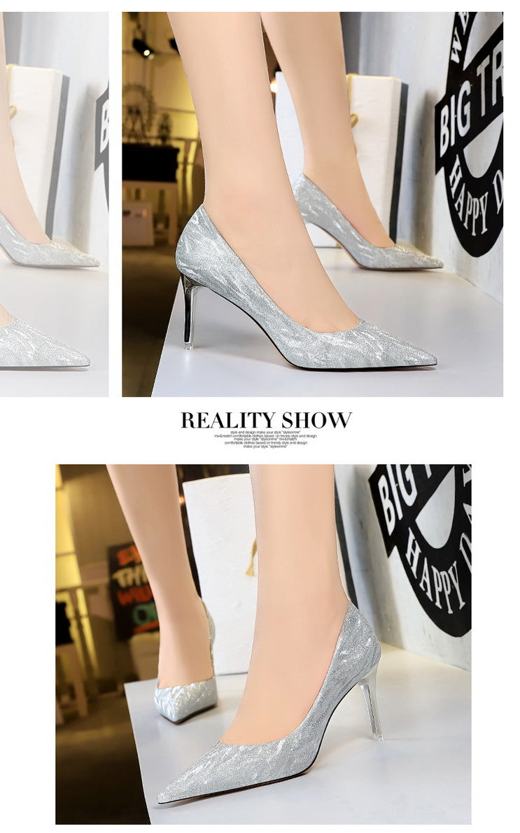 1829-A1 European and American Style Fashion Sexy Party High Heels Women's Shoes Thin Heel High Heel Shallow Mouth Pointed Toe Sequin Single Shoes