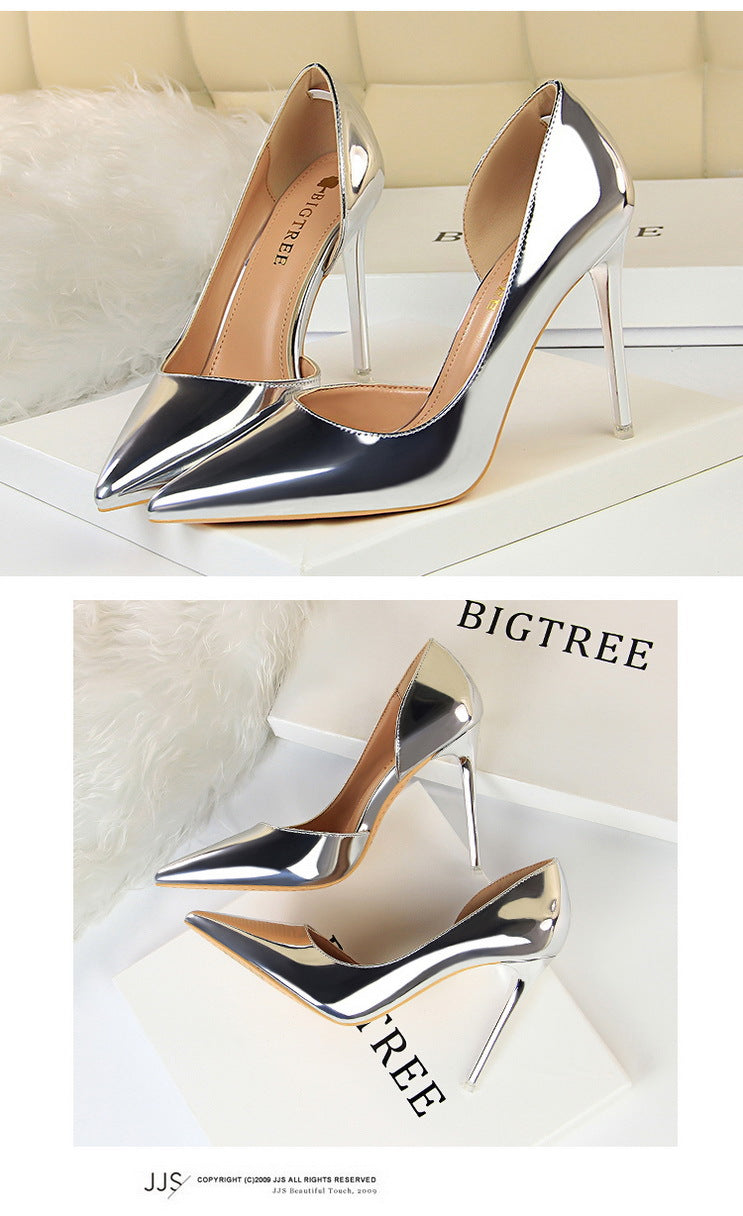 18188-1 European and American Style High Heels Simple Thin Heel Metal Very High Very Shallow Mouth Pointed Toe Side Hollow Sexy Single Shoes