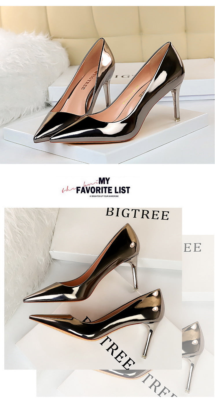 9511-A7 European and American Fashion Sexy Metal Heel High Heel Shallow Pointed Toe Nightclub Slimming High Heels Women's Shoes Single Shoes