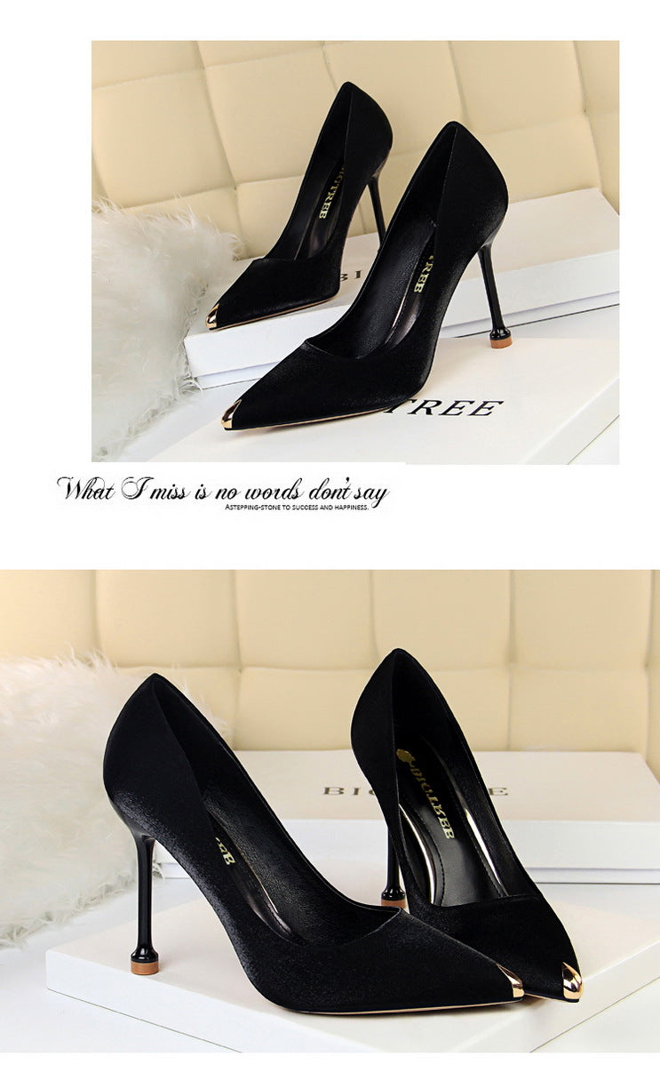 1823-1 European and American Style Fashion Party Women's Shoes Thin Heel High Heel Satin Shallow Mouth Metal Pointed Toe Sexy Slimming Single Shoes