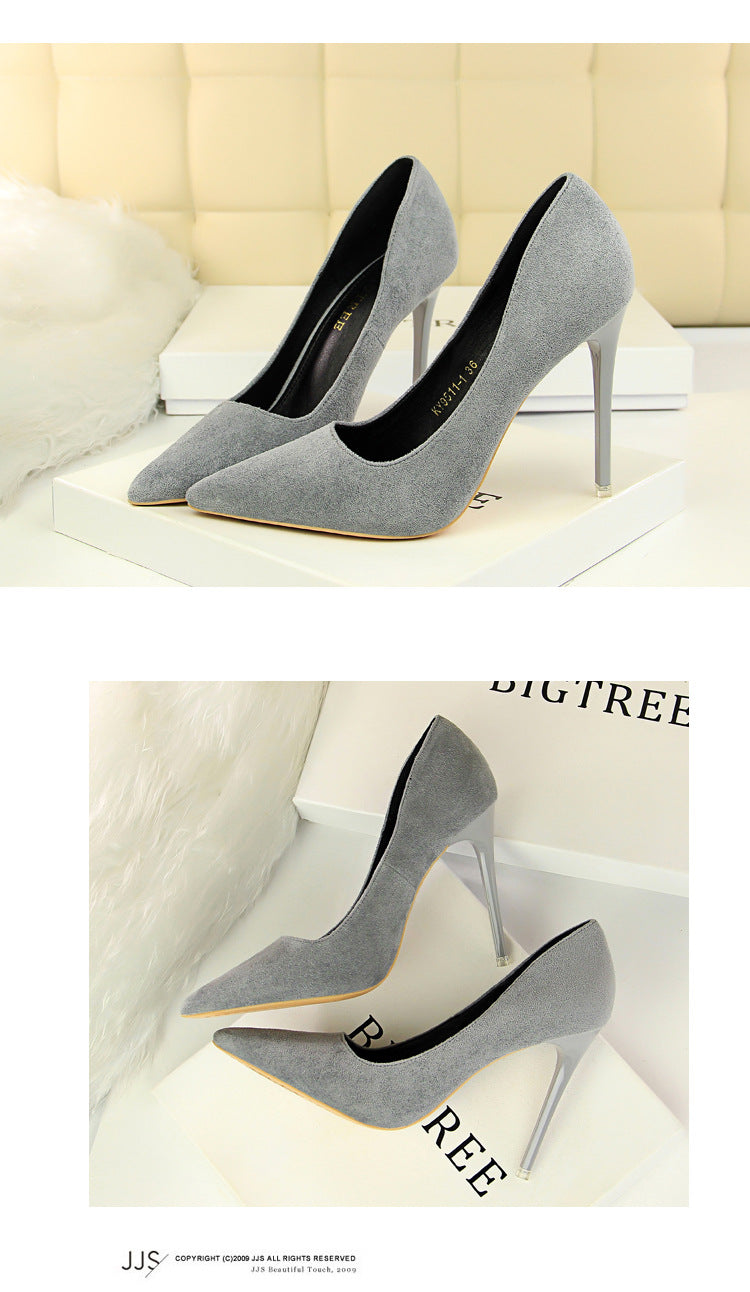 9511-1 European and American Style Fashion Simple Stylet Ultra High Heel Shallow Pointed Toe Suede Slim Sexy Nightclub Women's Shoes