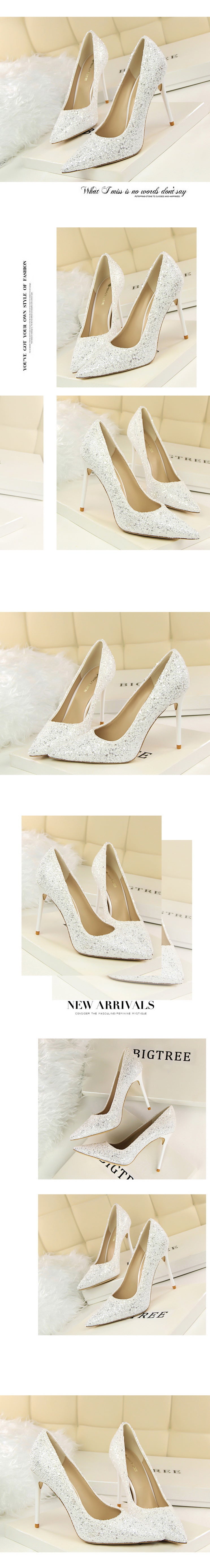 9219-1 European and American Style Women's Shoes High Heel Low-Cut Pointed Toe Sparkle Sequins Sexy Slimming Nightclub High Heels Pumps