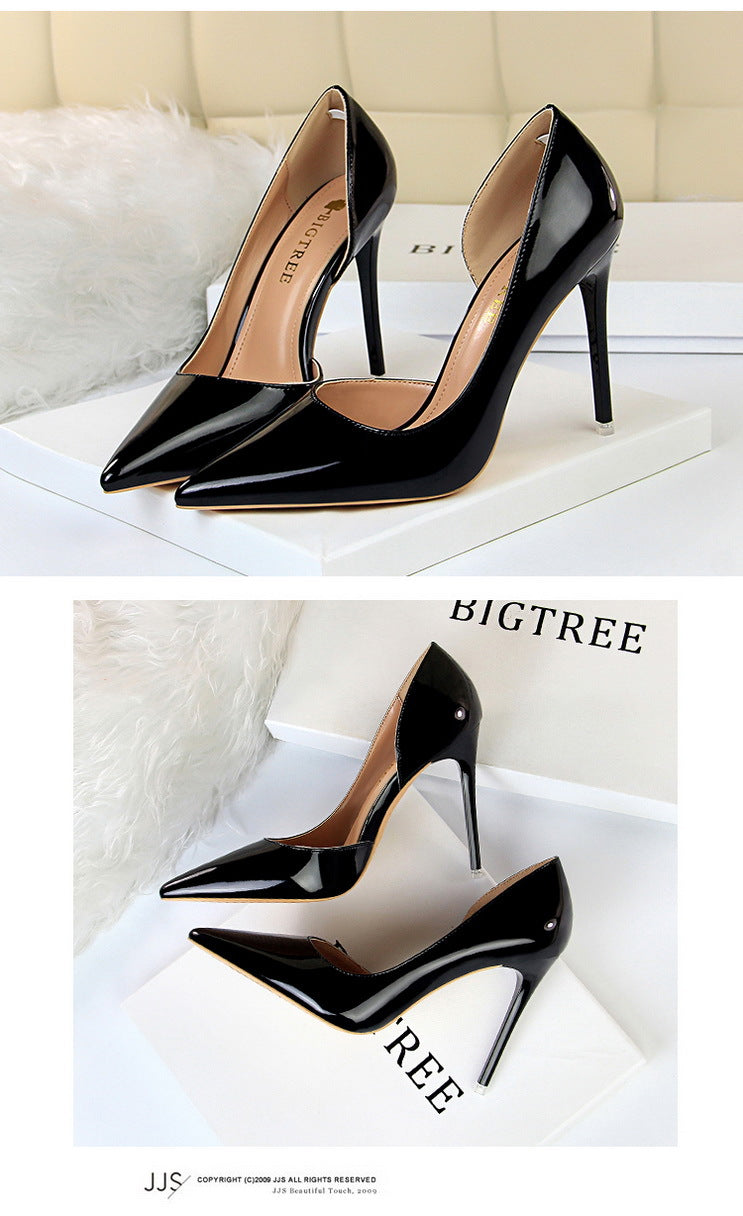 18188-1 European and American Style High Heels Simple Thin Heel Metal Very High Very Shallow Mouth Pointed Toe Side Hollow Sexy Single Shoes