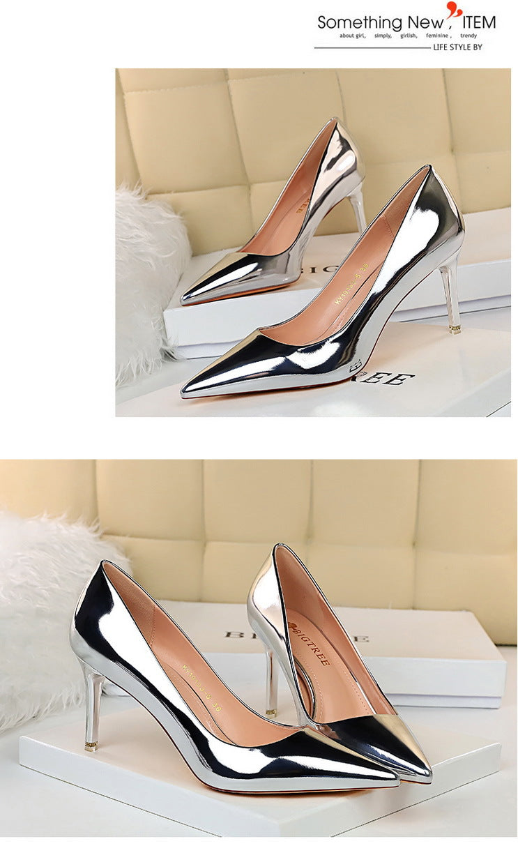 9511-A7 European and American Fashion Sexy Metal Heel High Heel Shallow Pointed Toe Nightclub Slimming High Heels Women's Shoes Single Shoes